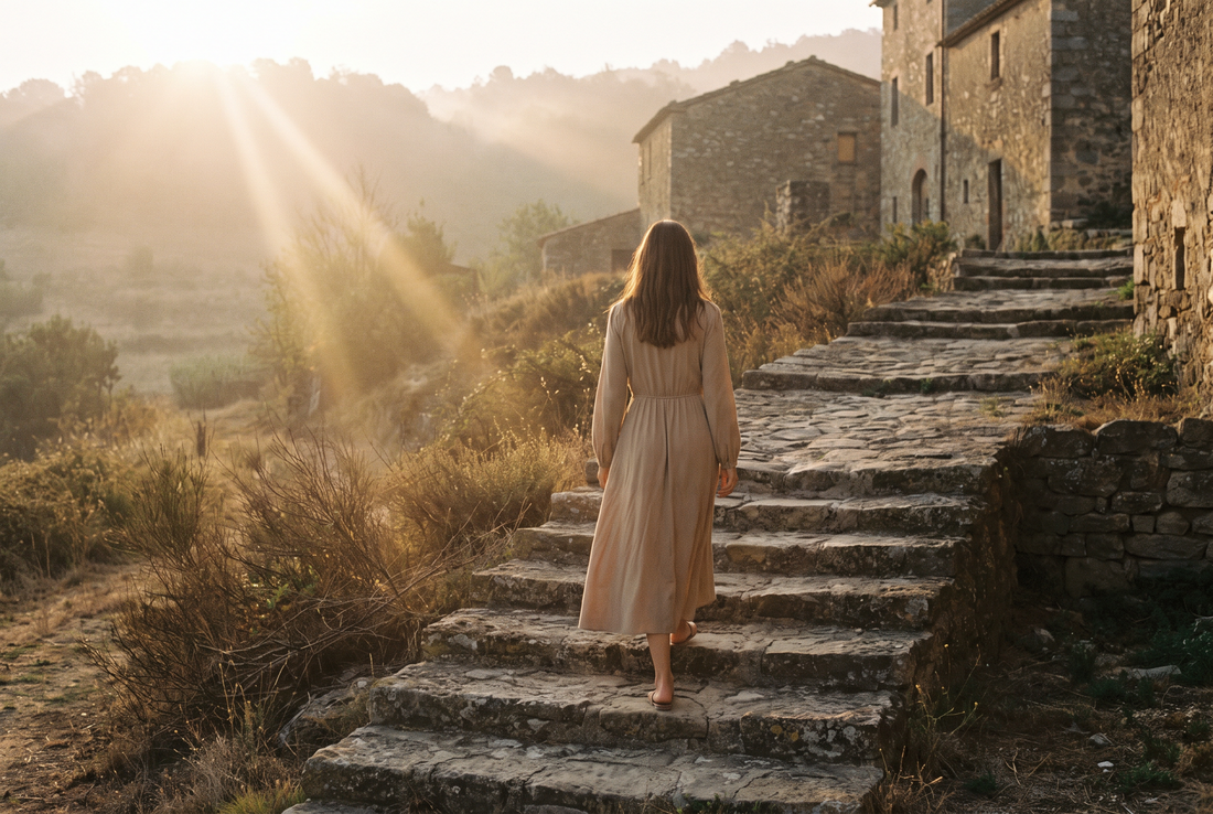 A woman walking up stone steps in a midi dress