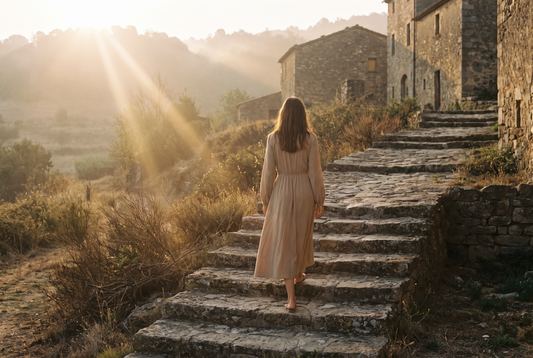 A woman walking up stone steps in a midi dress
