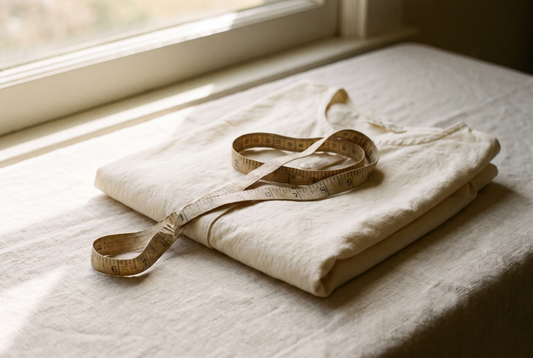 A tape measure laid across a folded cotton dress