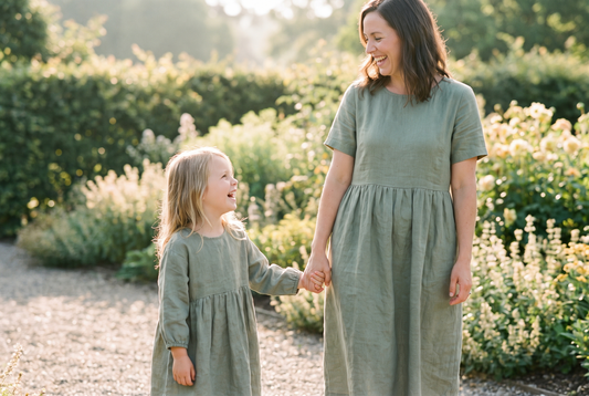 A mother and her young daughter in sage linen dresses of different cuts, walking hand in hand in a garden