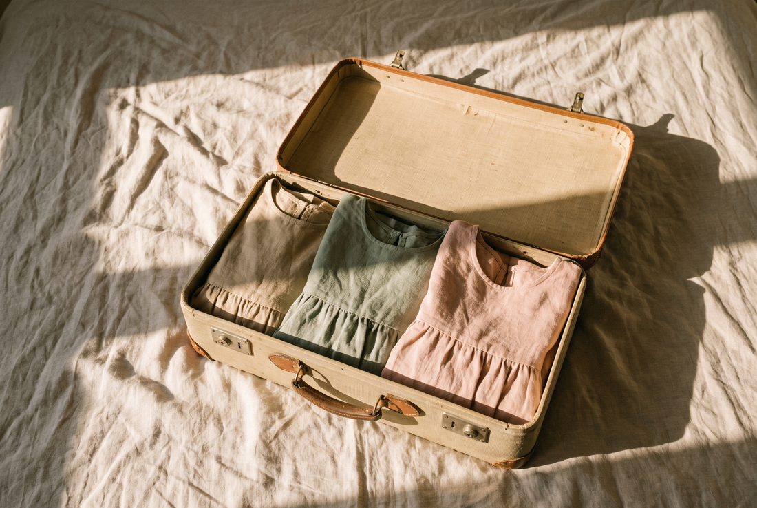 An open suitcase with folded dresses inside