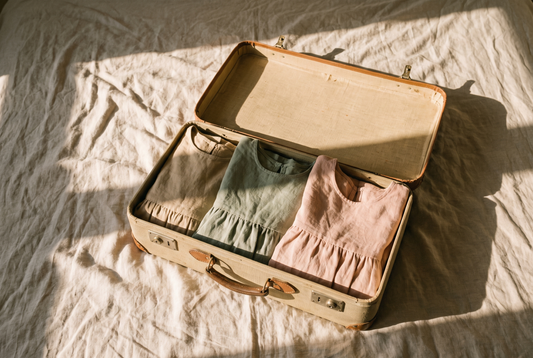 An open suitcase with folded dresses inside
