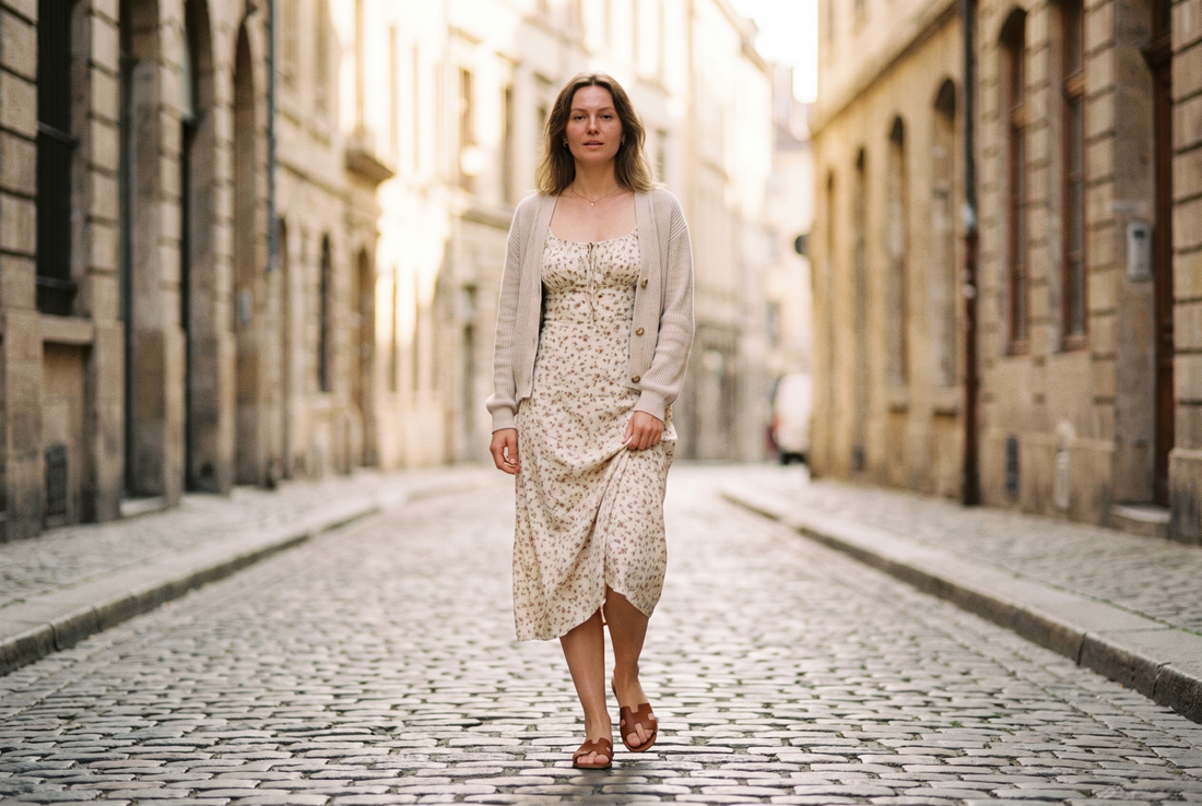 A woman walking along a cobbled street in a cream floral midi dress with a cardigan over her shoulders