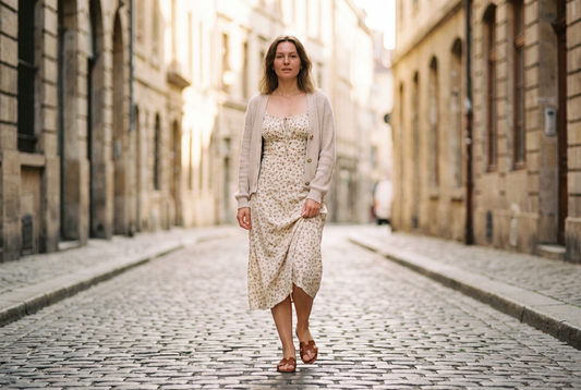 A woman walking along a cobbled street in a cream floral midi dress with a cardigan over her shoulders