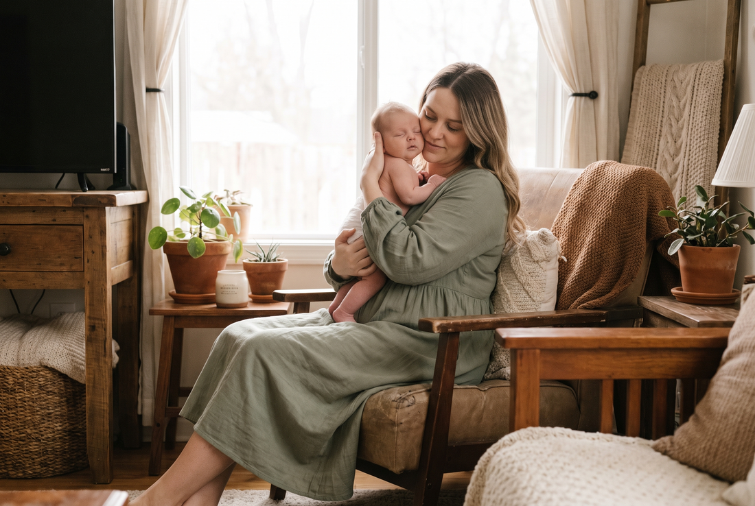 A woman holding a baby, wearing a loose midi dress