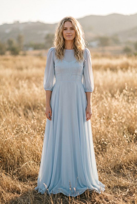 The Elowen Maxi in Dusty Blue, front