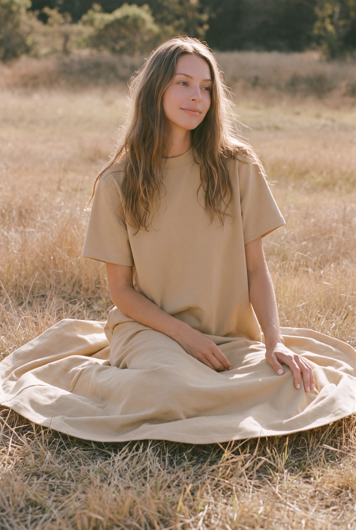 The Adeline Midi in Sand, seated