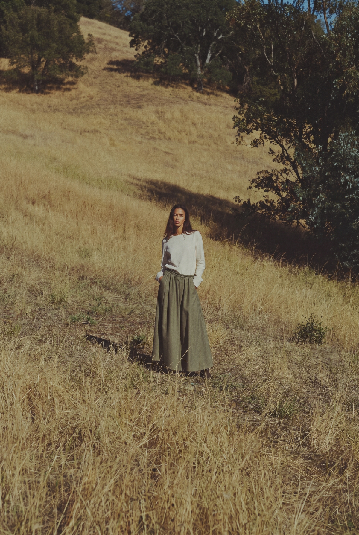 The Fern Skirt in Olive, in the field
