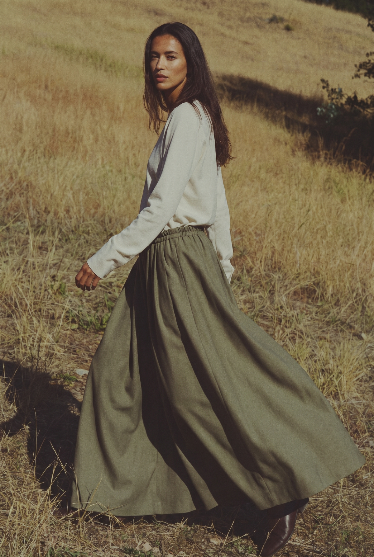 The Fern Skirt in Olive, walking