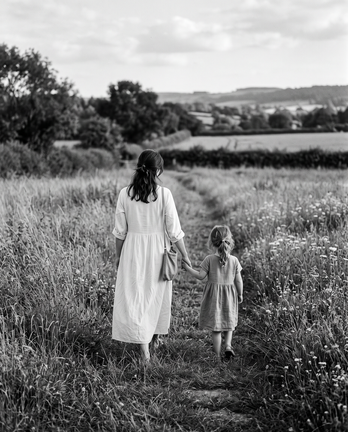 A mother and daughter walking a path through a field