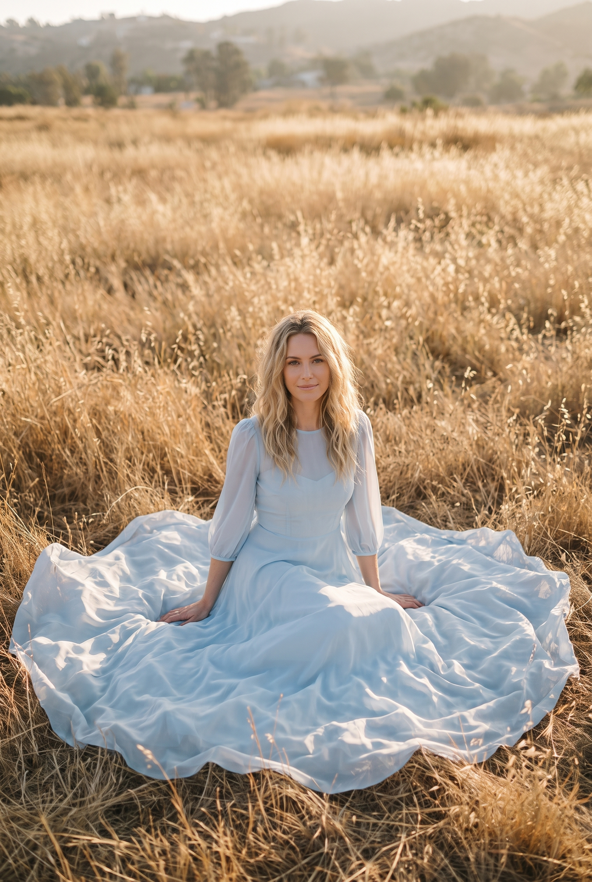 The Elowen Maxi in Dusty Blue, seated