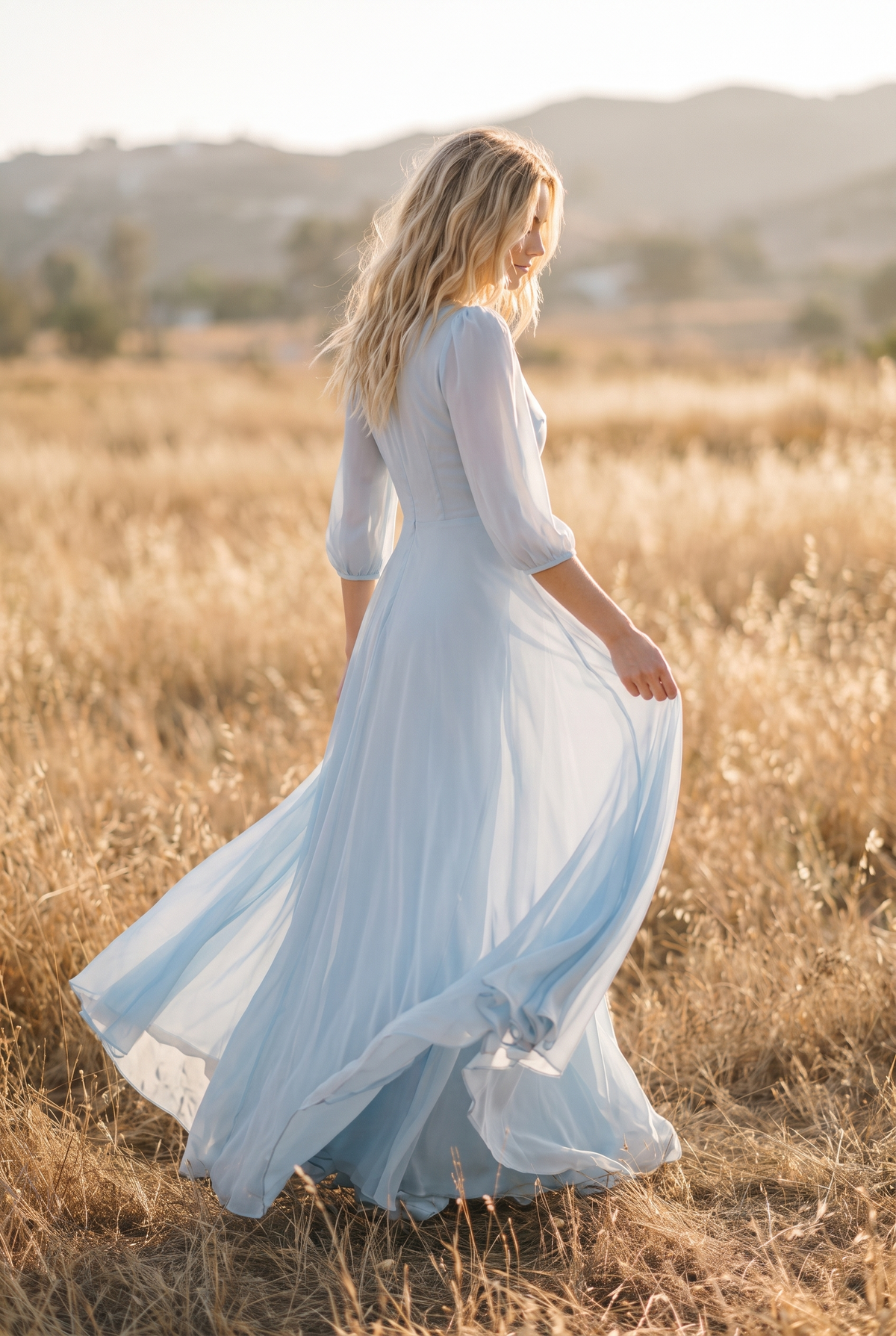 The Elowen Maxi in Dusty Blue, walking