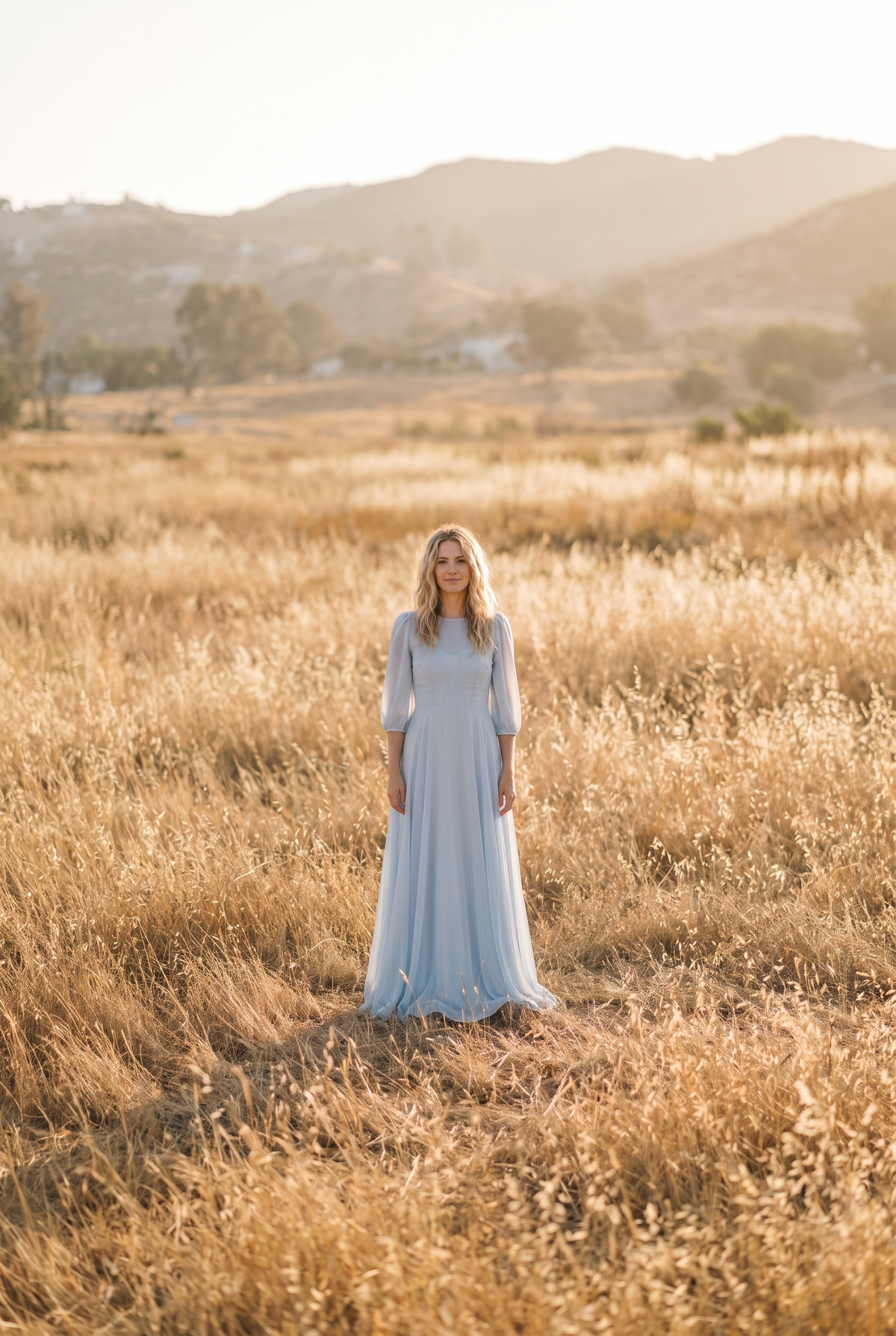 The Elowen Maxi in Dusty Blue, in the field