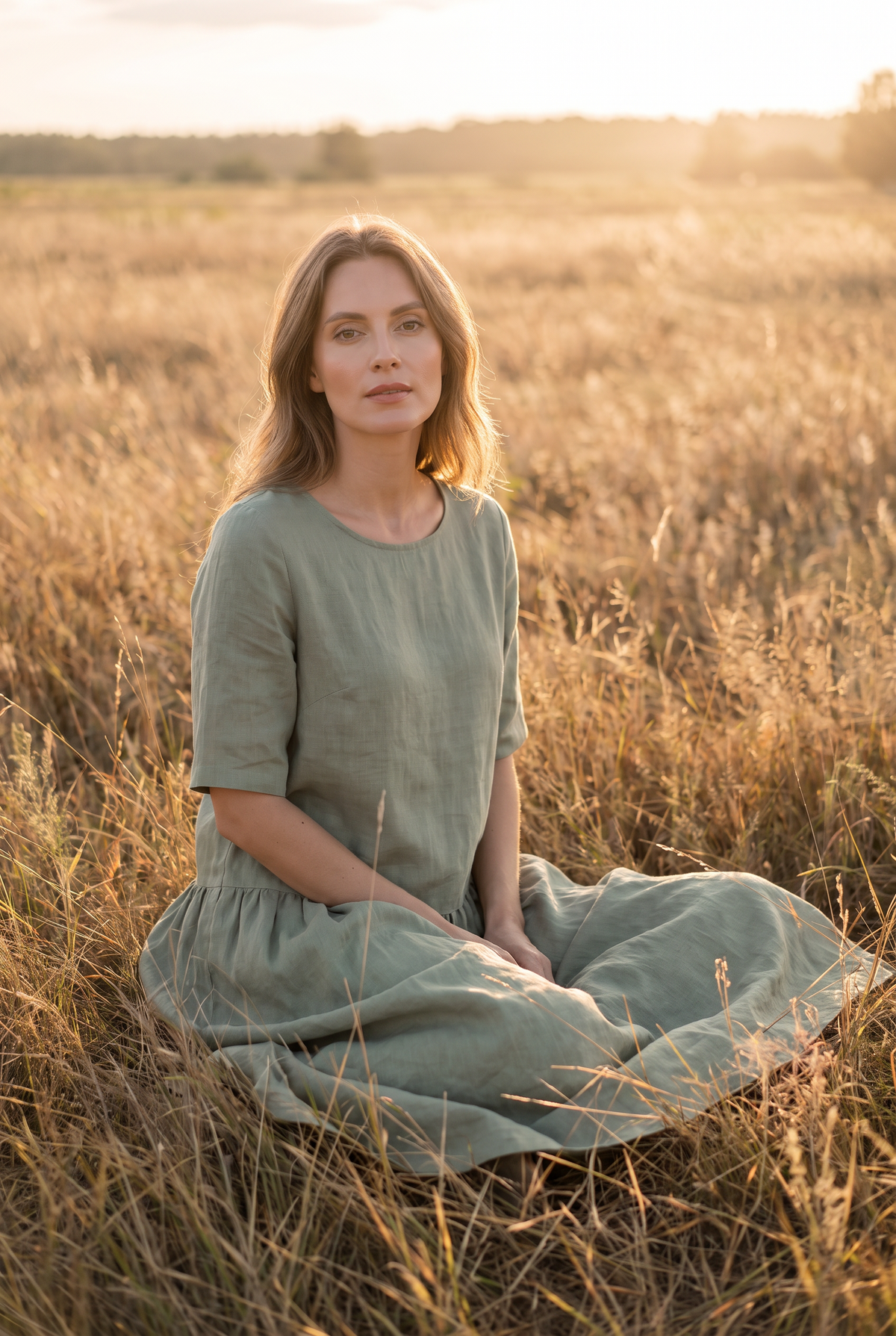 The Willow Midi in Sage, seated