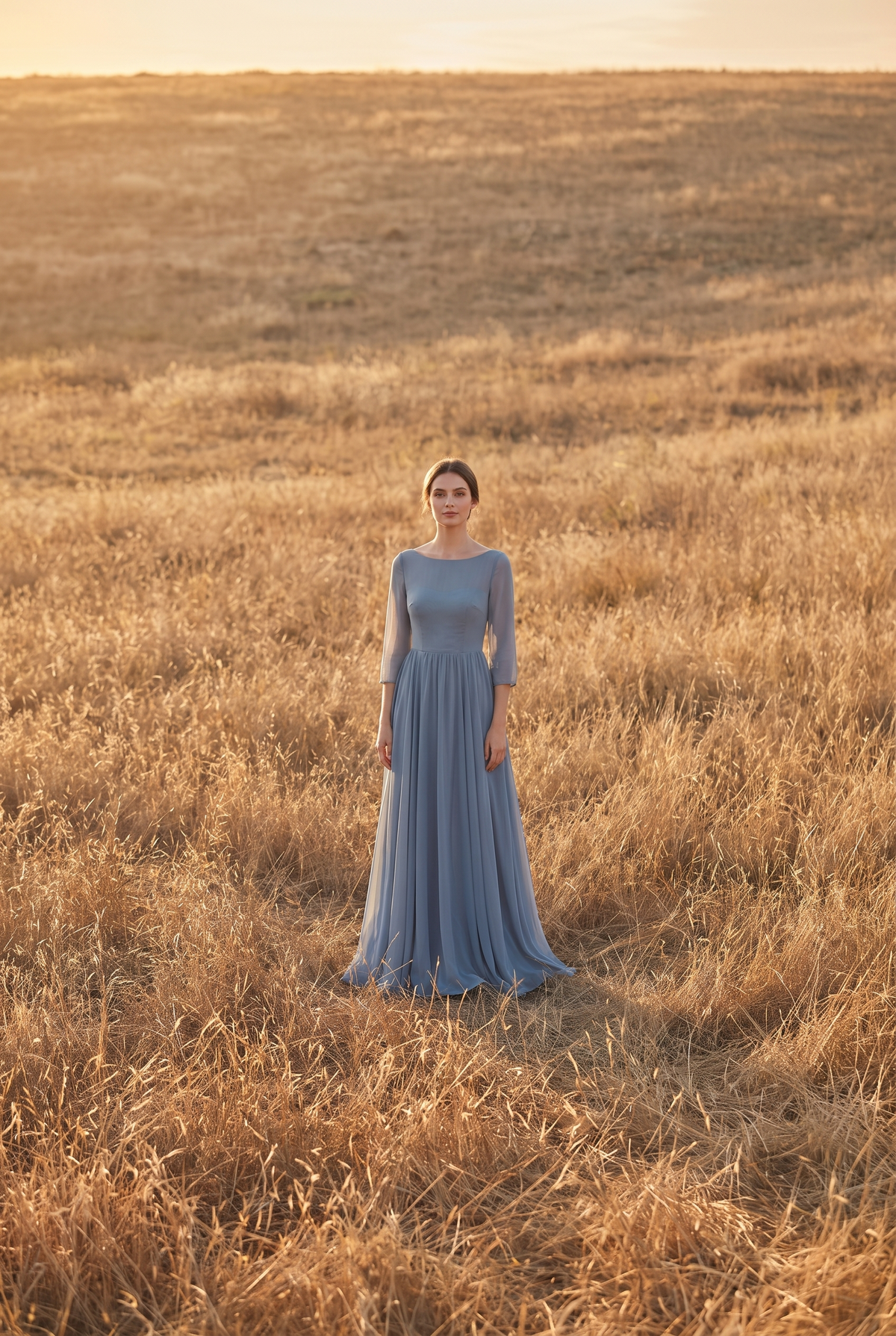 The Aster Maxi in Dusty Blue, in the field