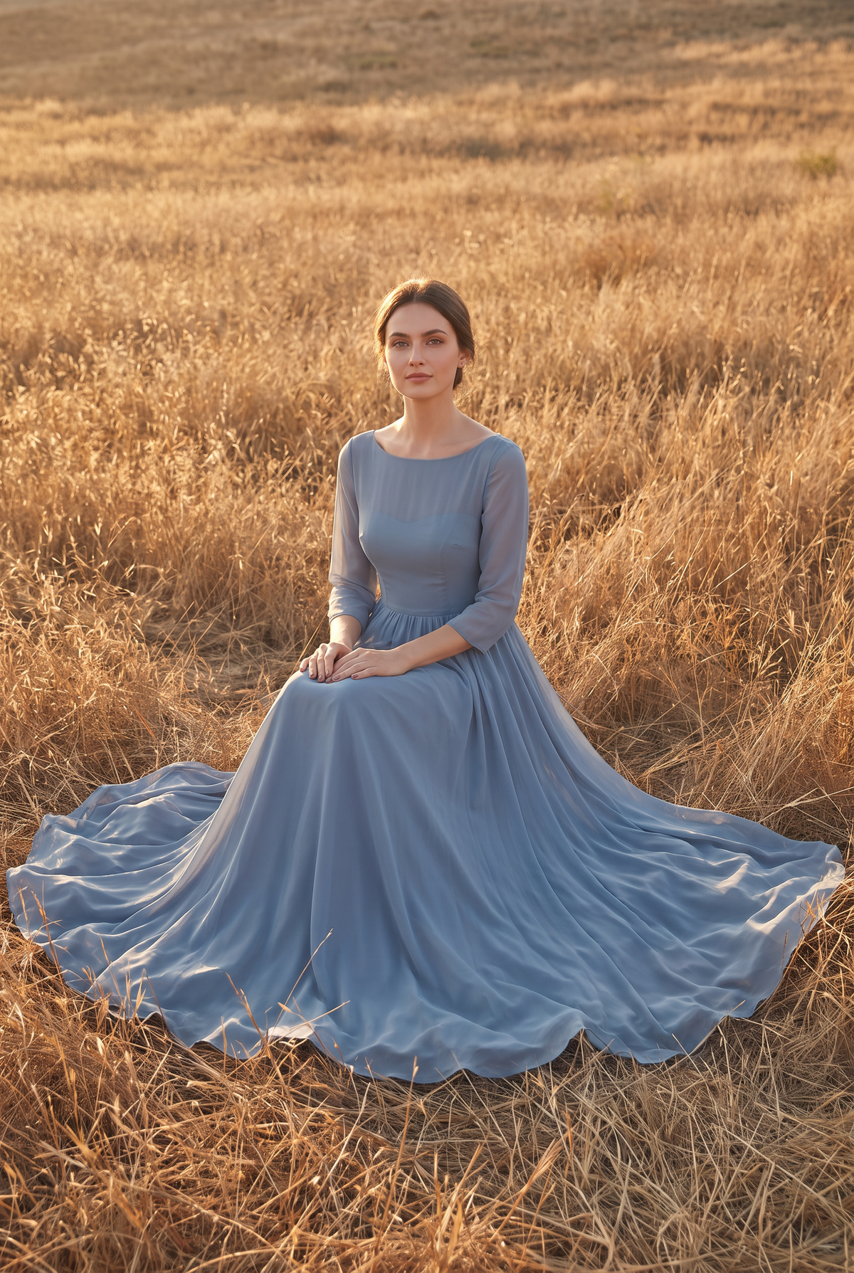 The Aster Maxi in Dusty Blue, seated