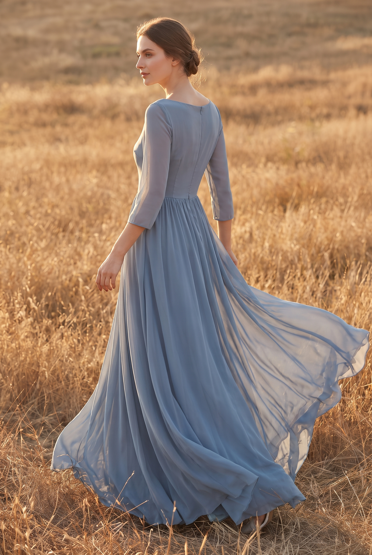 The Aster Maxi in Dusty Blue, walking