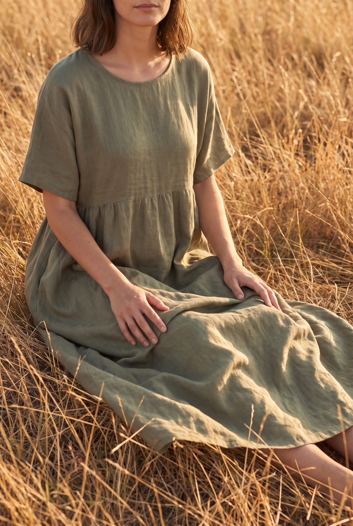 The Yarrow Maxi in Olive, seated