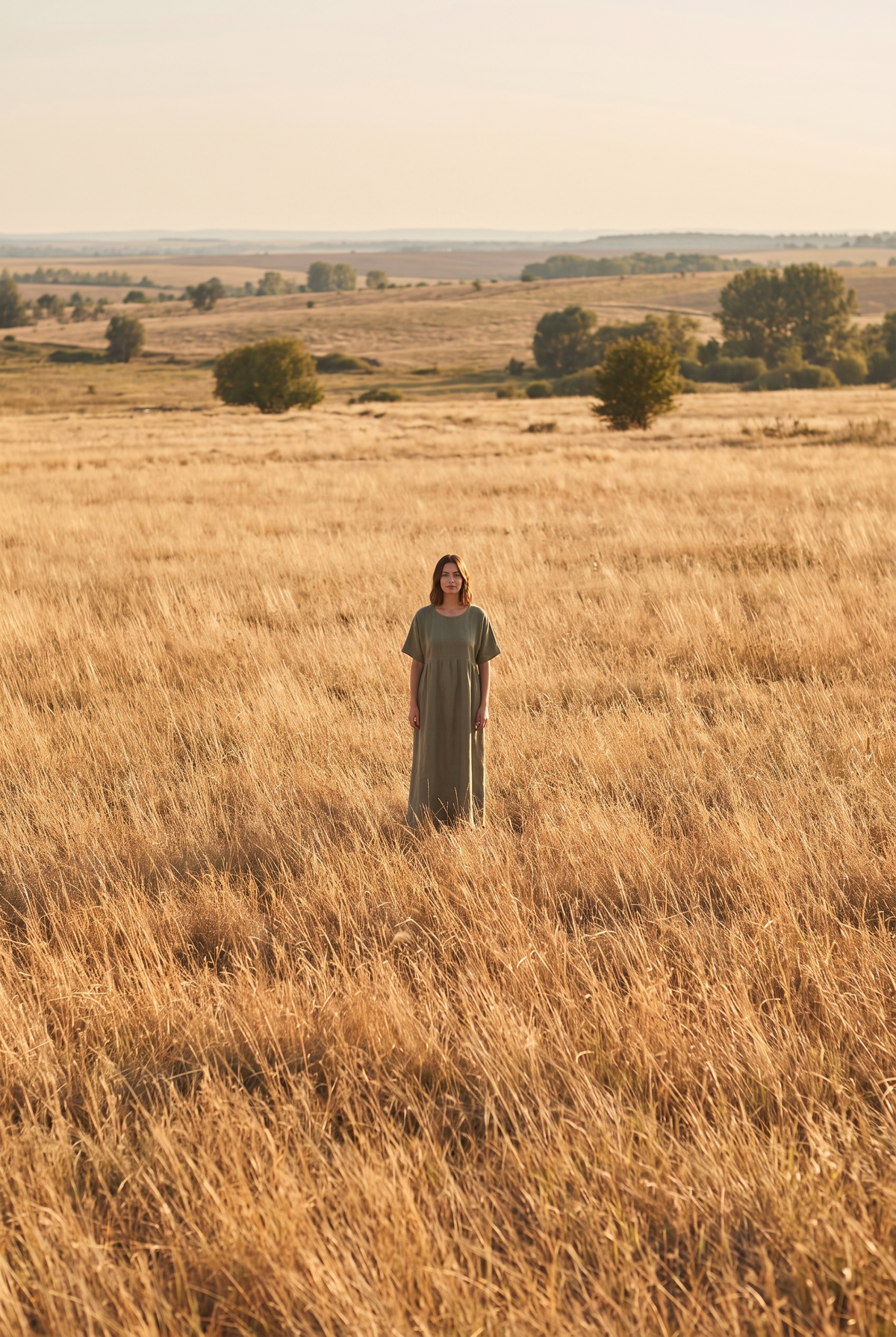 The Yarrow Maxi in Olive, in the field