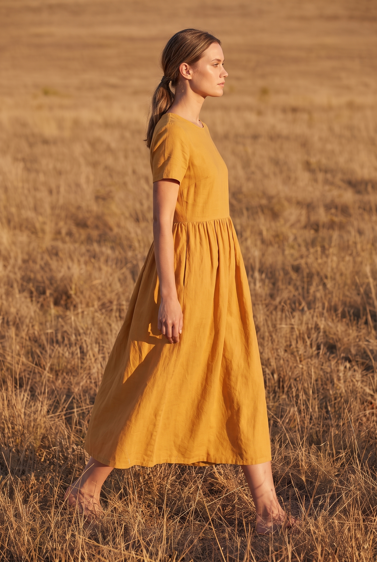 The Tansy Midi in Golden, walking
