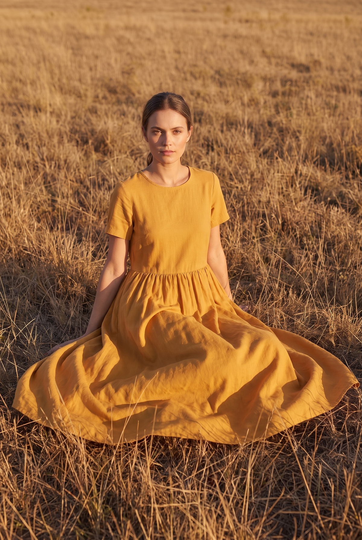 The Tansy Midi in Golden, seated
