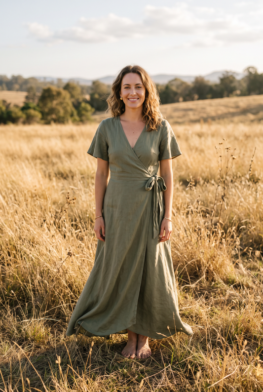 The Junia Maxi in Olive, front