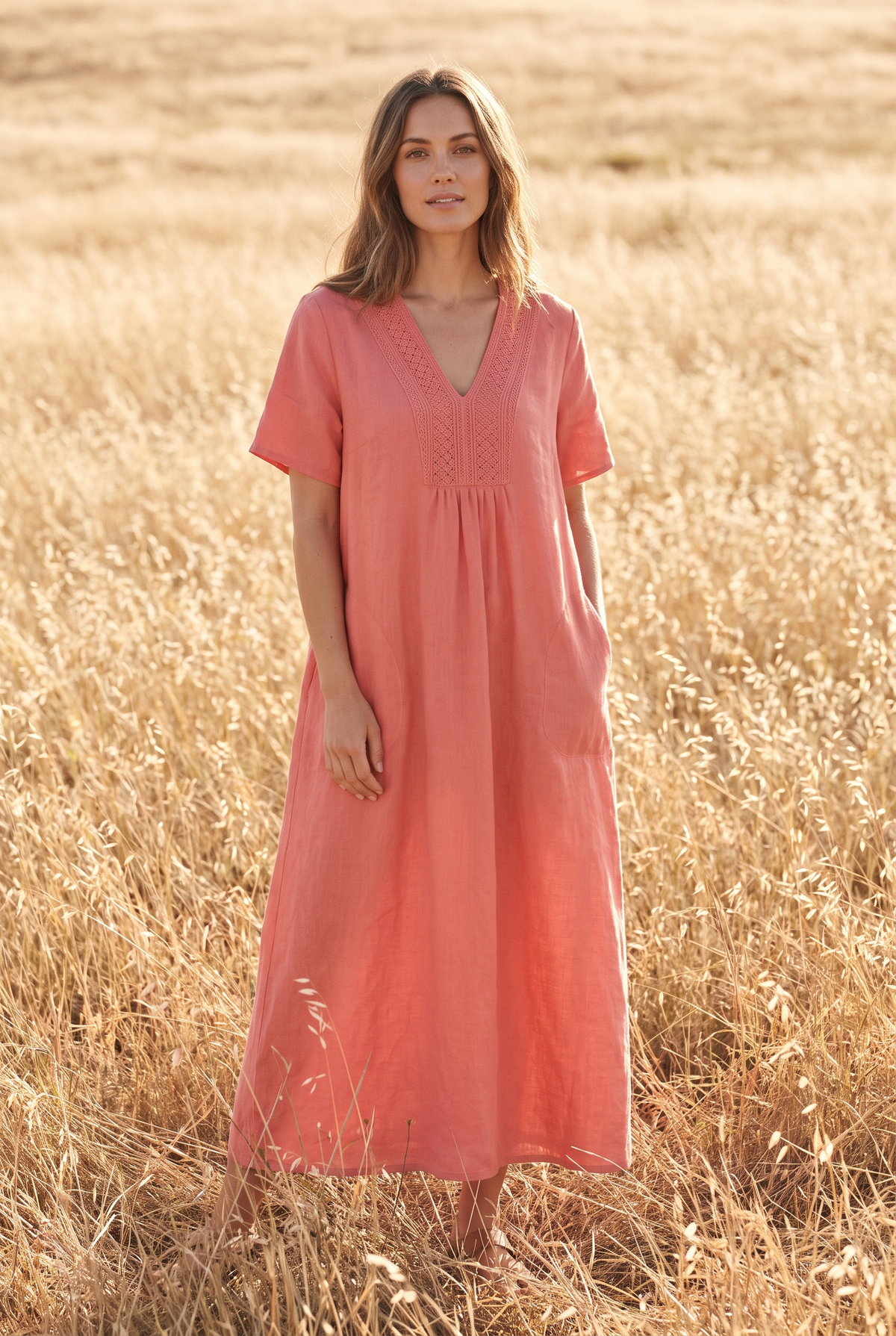 The Rosalind Maxi in Coral, front