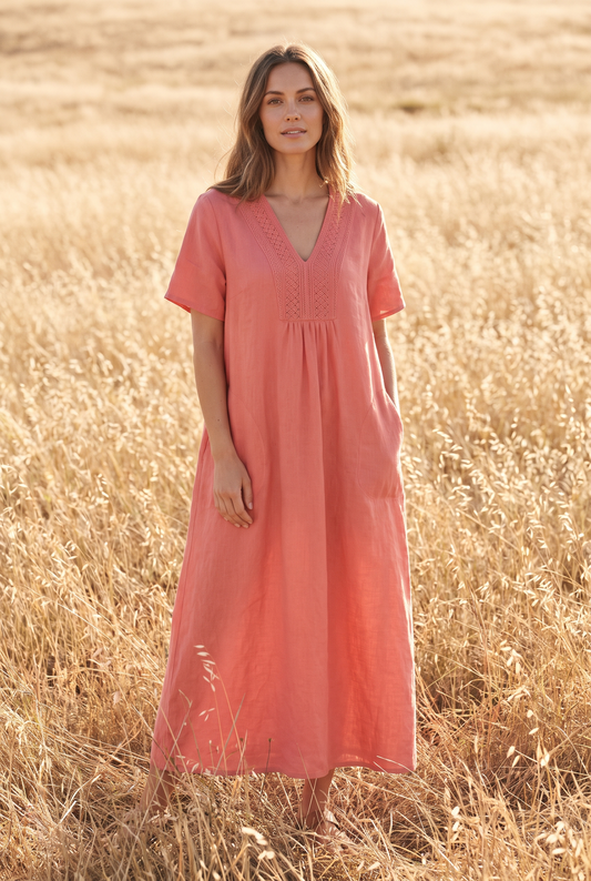 The Rosalind Maxi in Coral, front