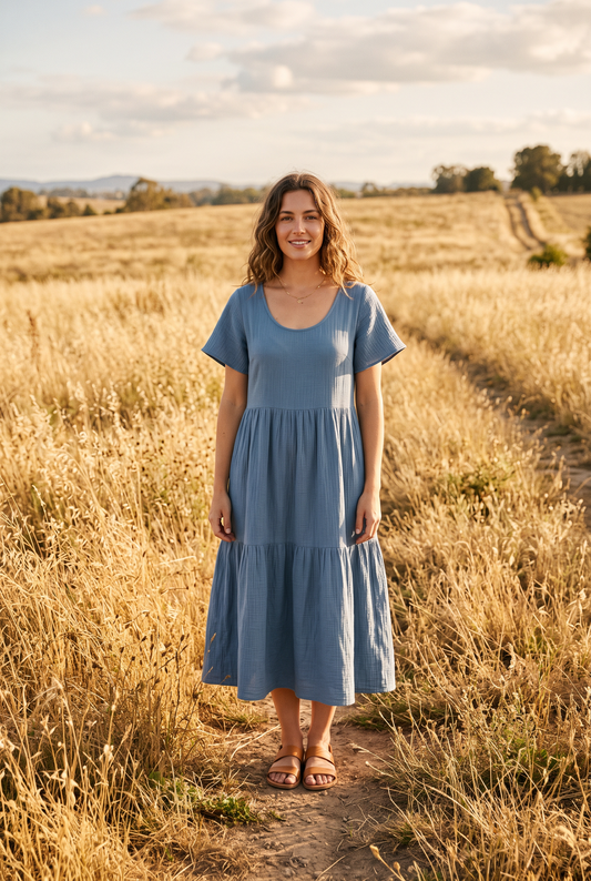 The Maeve Midi in Dusty Blue, front