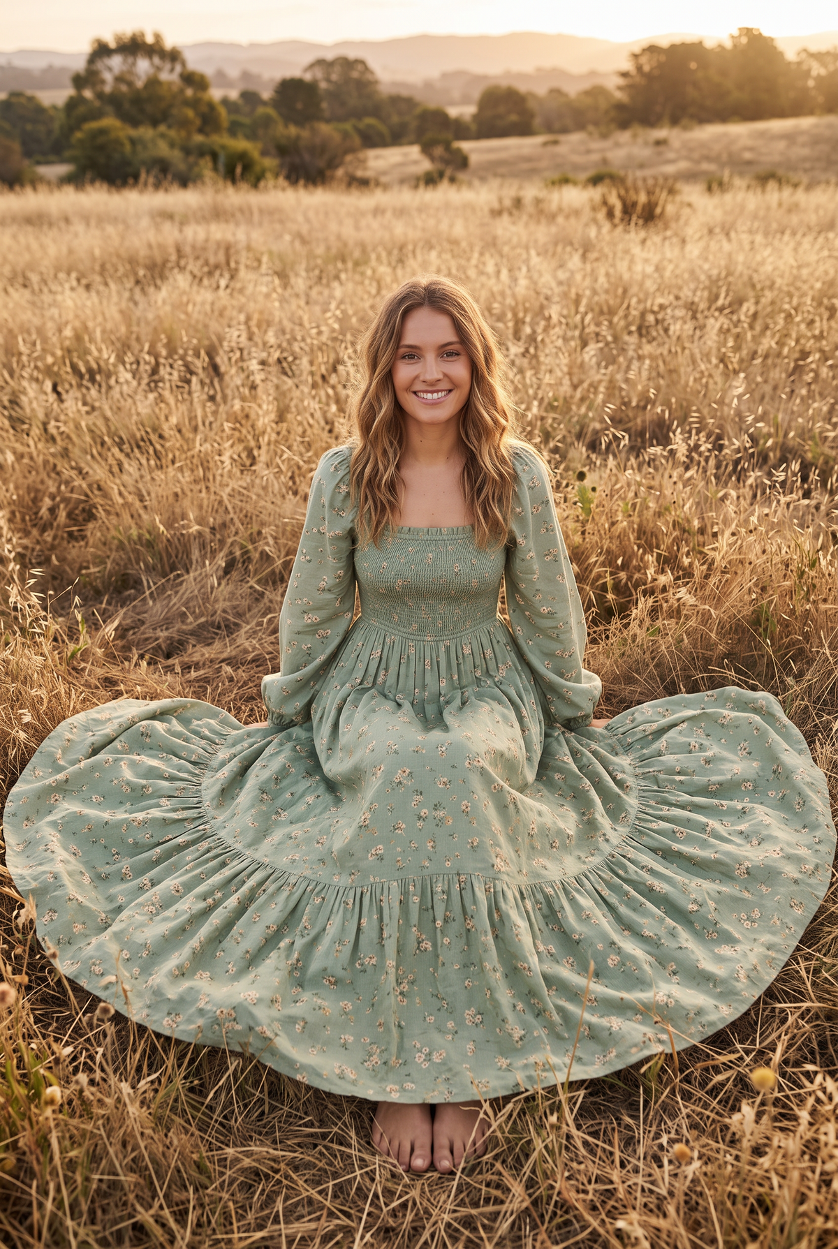 The Harriet Maxi in Meadow, seated