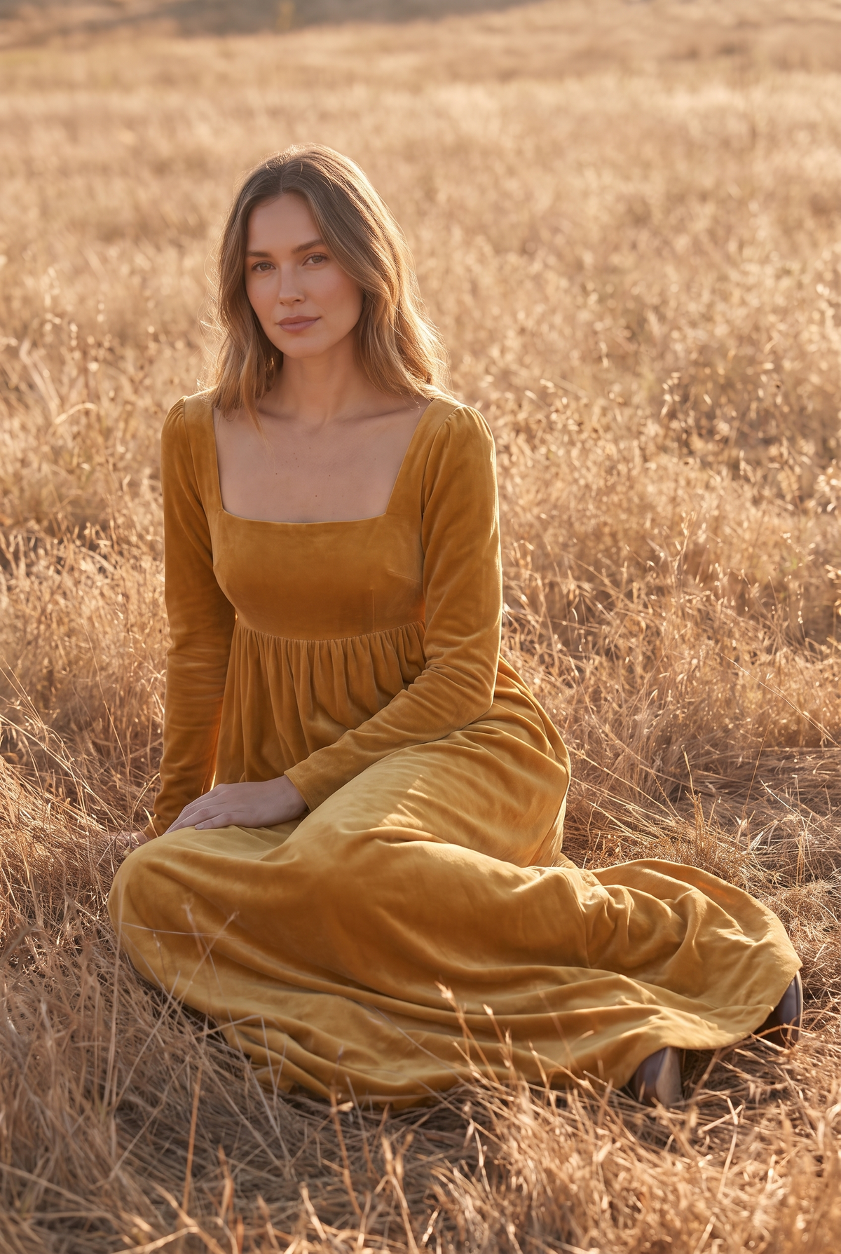 The Beatrix Maxi in Golden, seated