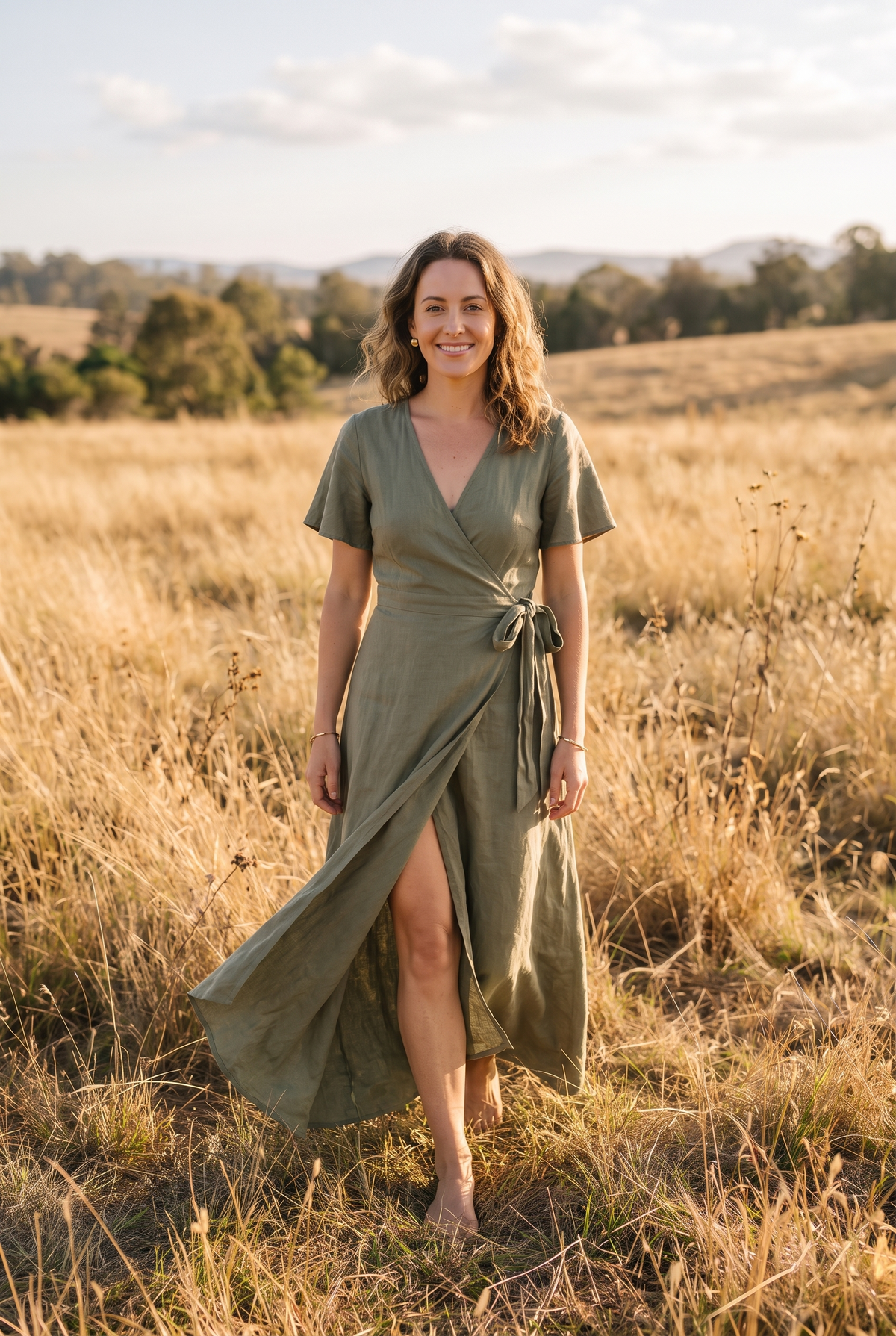 The Junia Maxi in Olive, walking