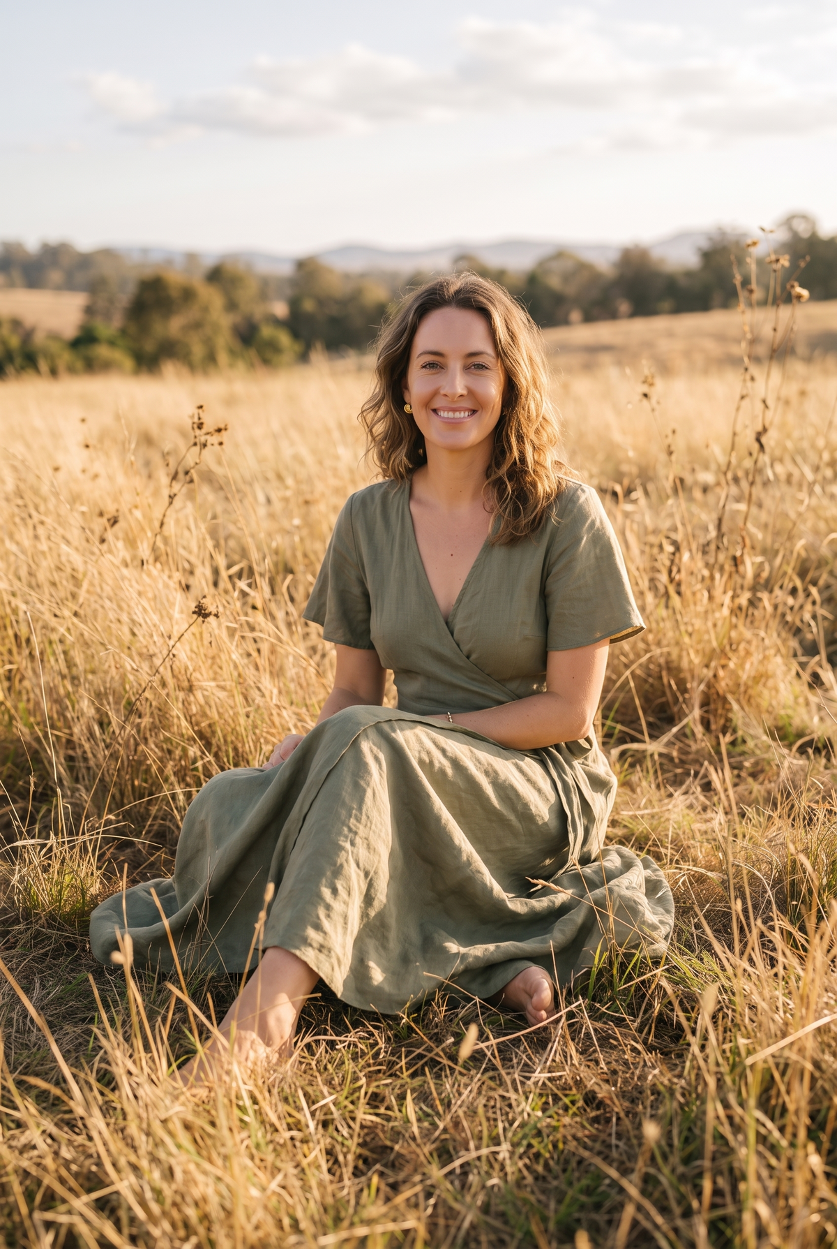 The Junia Maxi in Olive, seated