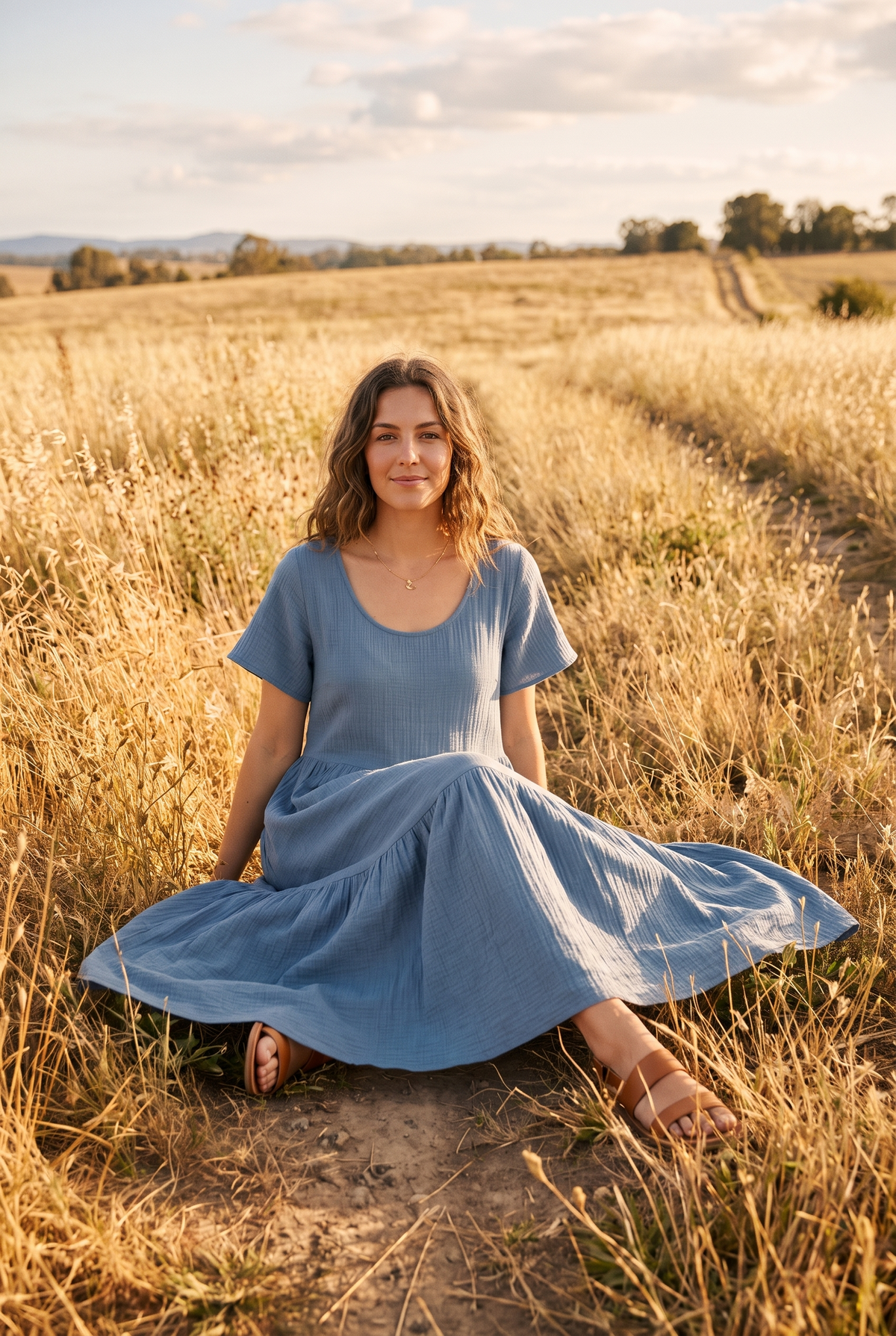 The Maeve Midi in Dusty Blue, seated