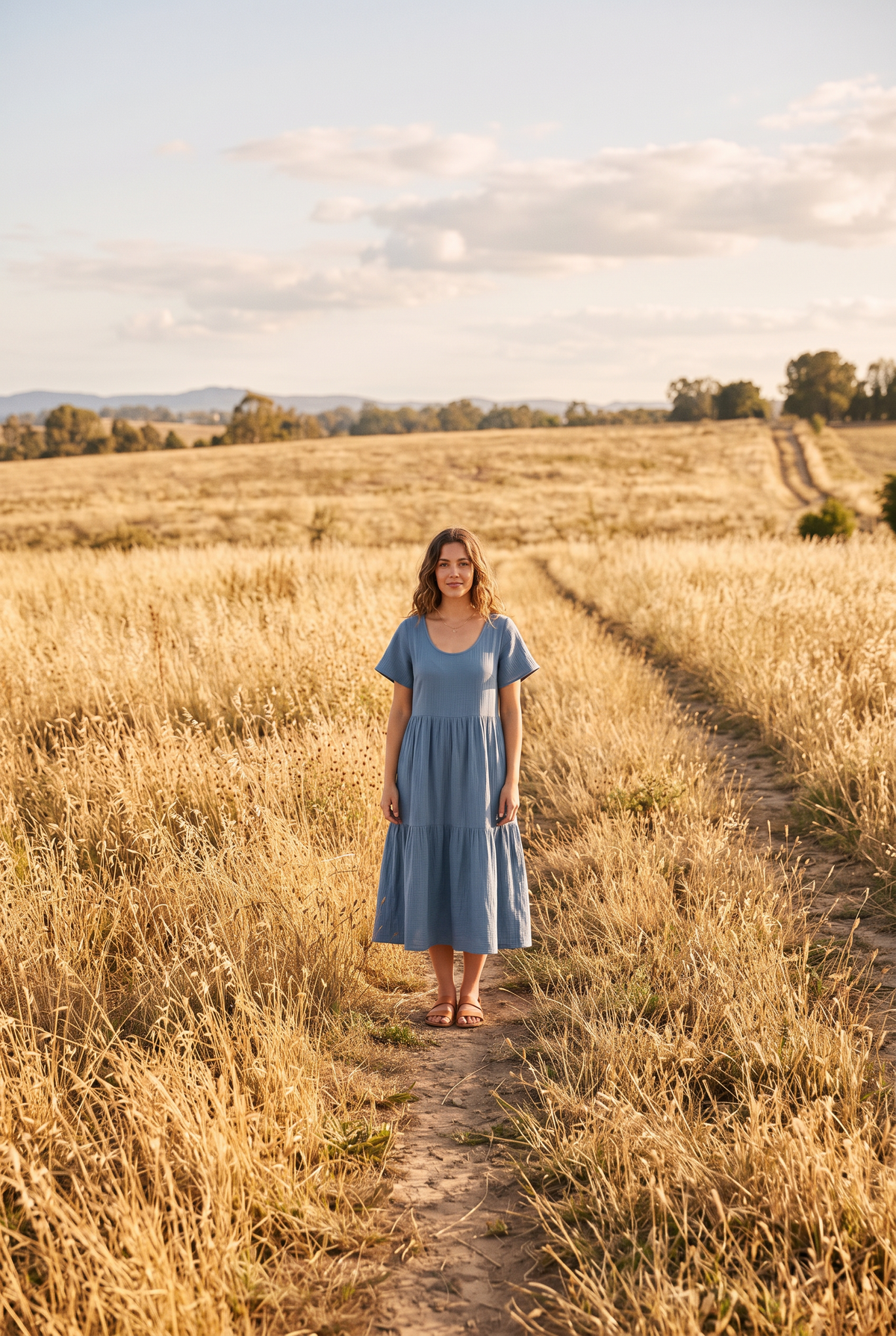 The Maeve Midi in Dusty Blue, in the field