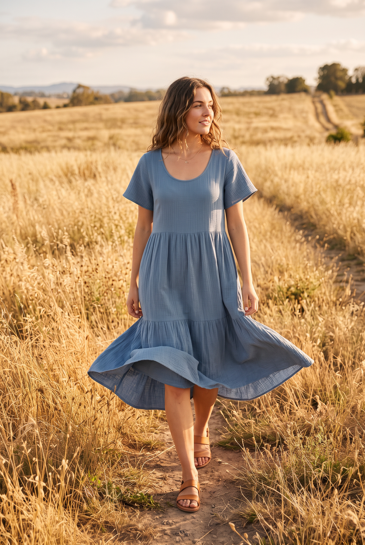 The Maeve Midi in Dusty Blue, walking