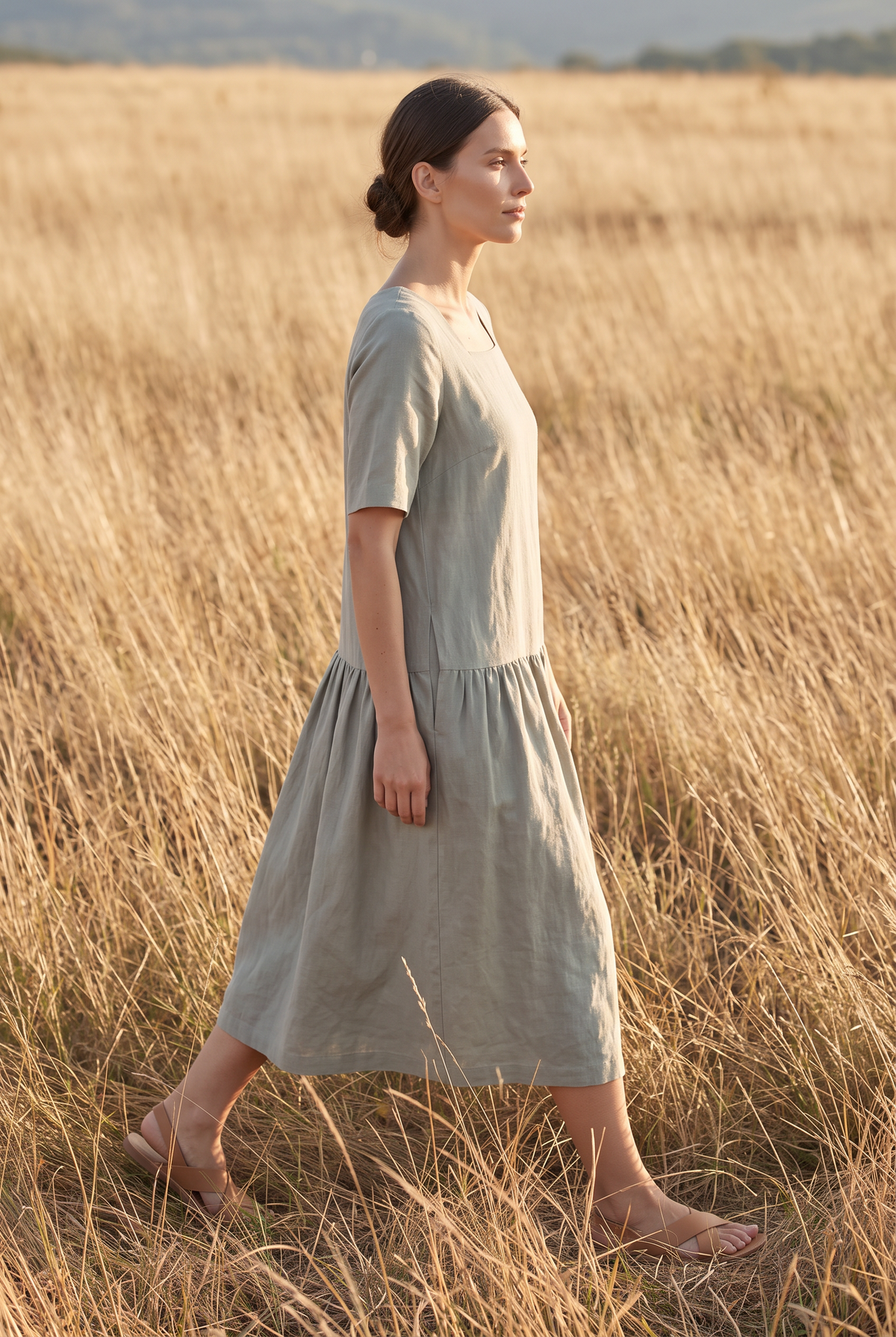 The Verity Midi in Sage, walking