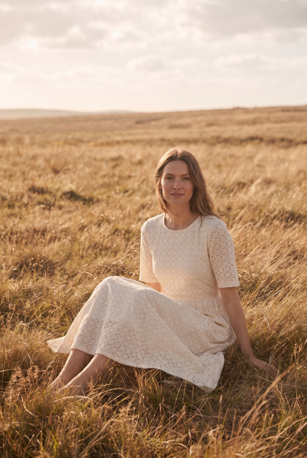 The Imogen Midi in Cream, seated