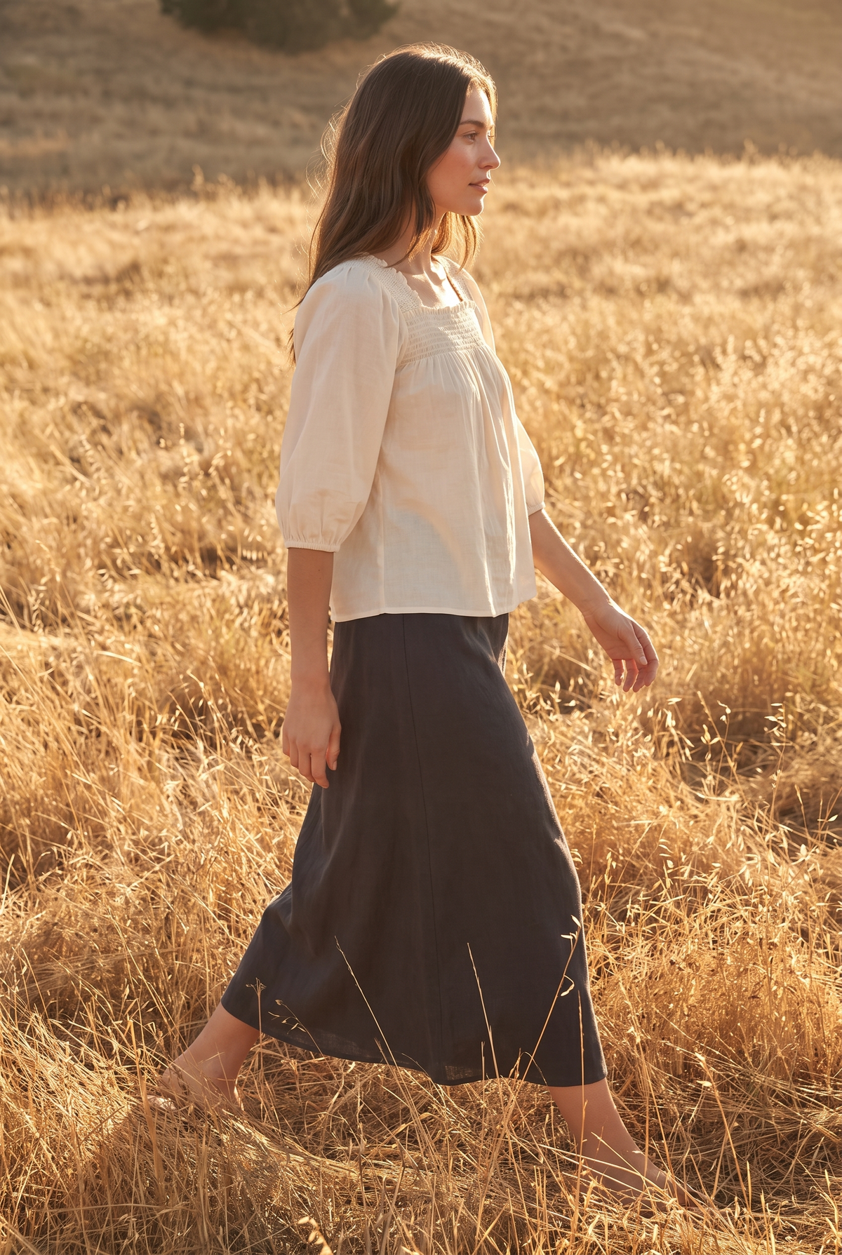 The Saffron Blouse in Cream, walking