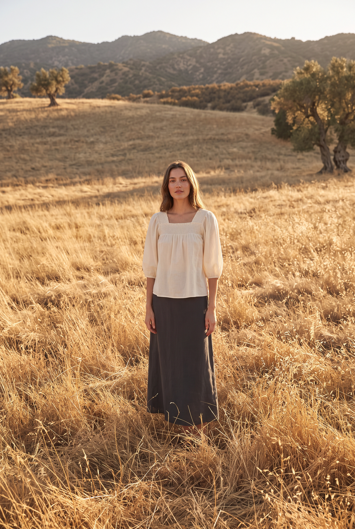 The Saffron Blouse in Cream, in the field