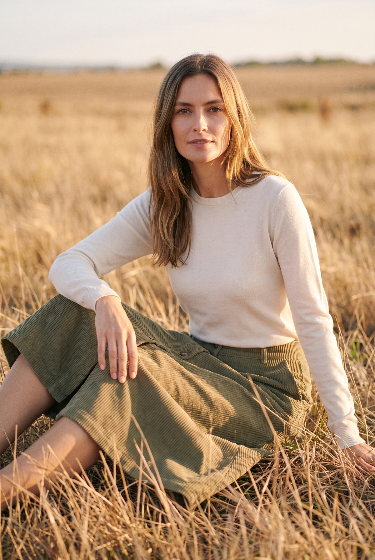 The Lark Skirt in Olive, seated