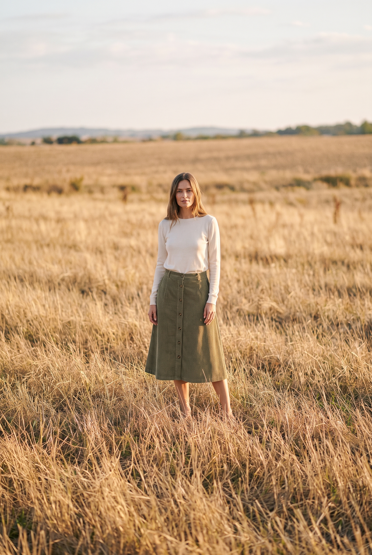The Lark Skirt in Olive, in the field