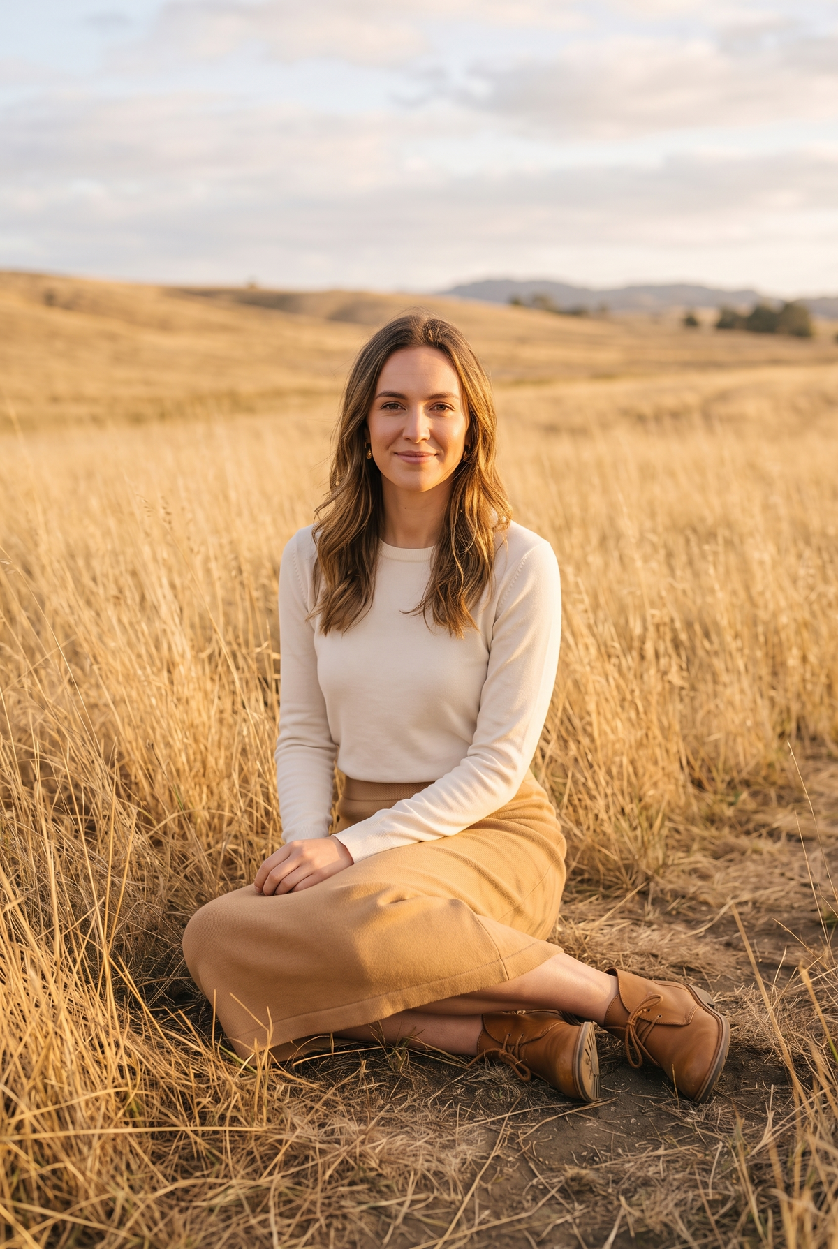 The Juno Skirt in Camel, seated