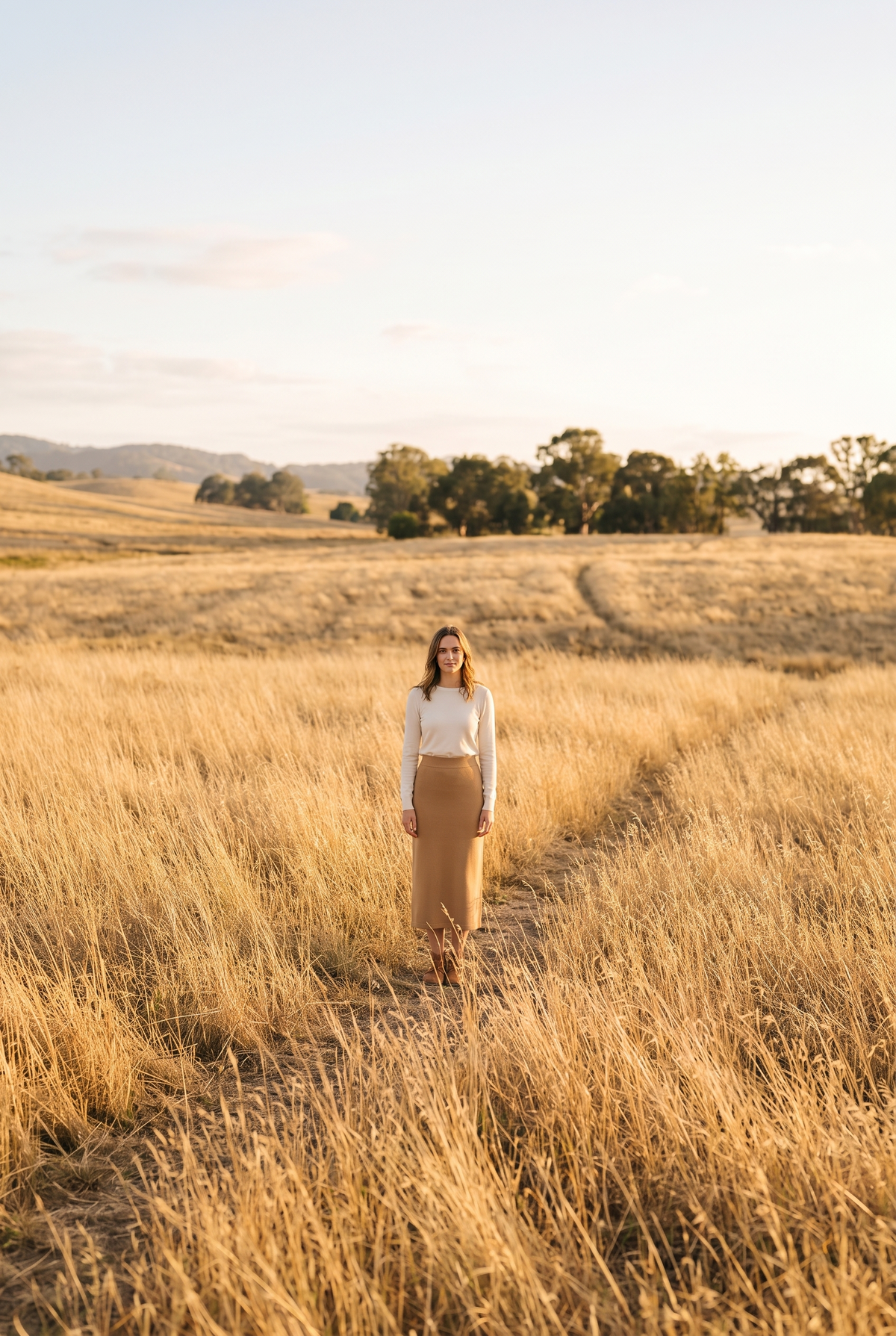 The Juno Skirt in Camel, in the field