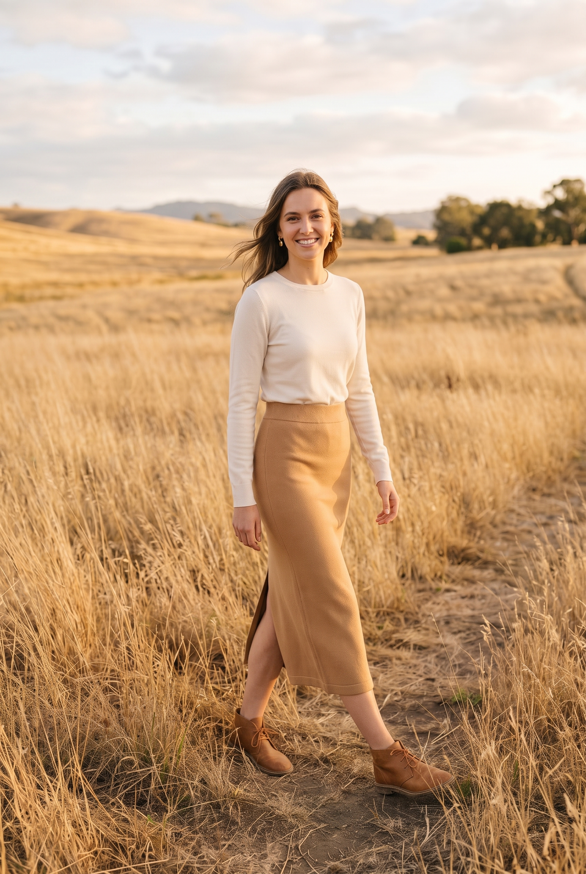 The Juno Skirt in Camel, walking