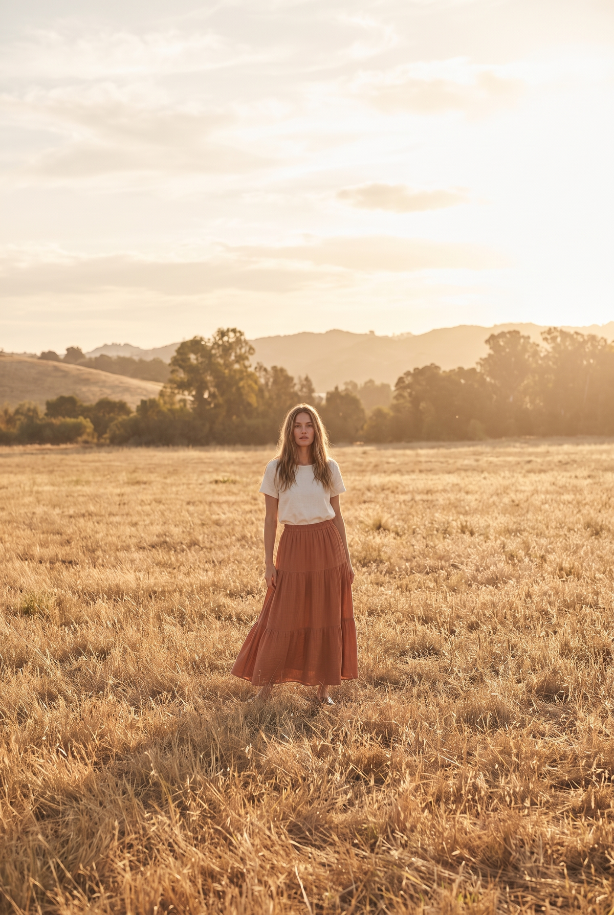 The Sorrel Skirt in Terracotta, in the field