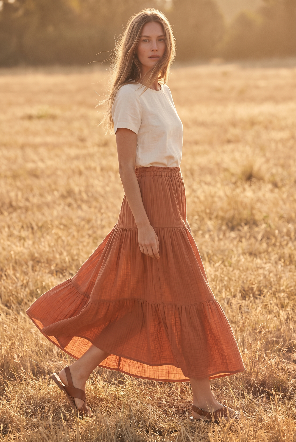 The Sorrel Skirt in Terracotta, walking