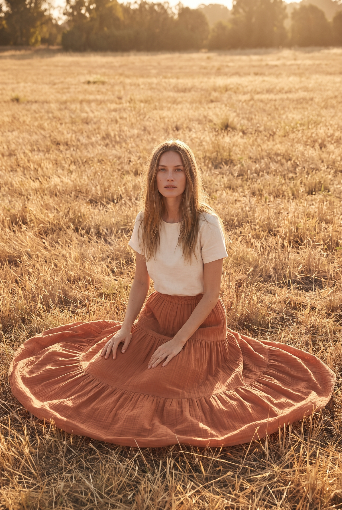 The Sorrel Skirt in Terracotta, seated