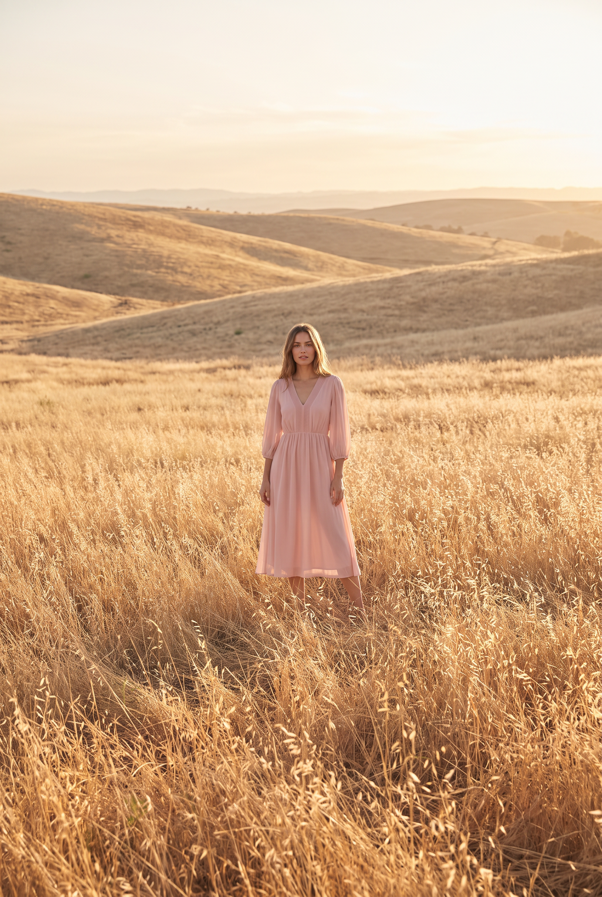 The Nora Midi in Blush, in the field