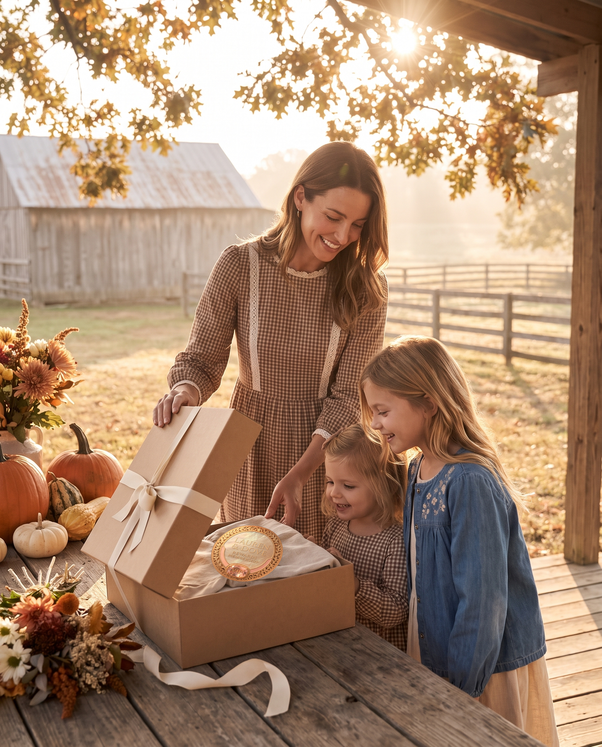 Lauren and Dove VIP rewards membership badge in a gift box on an autumn farm porch